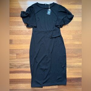 Elegant Black Midi Dress with Flutter Sleeves